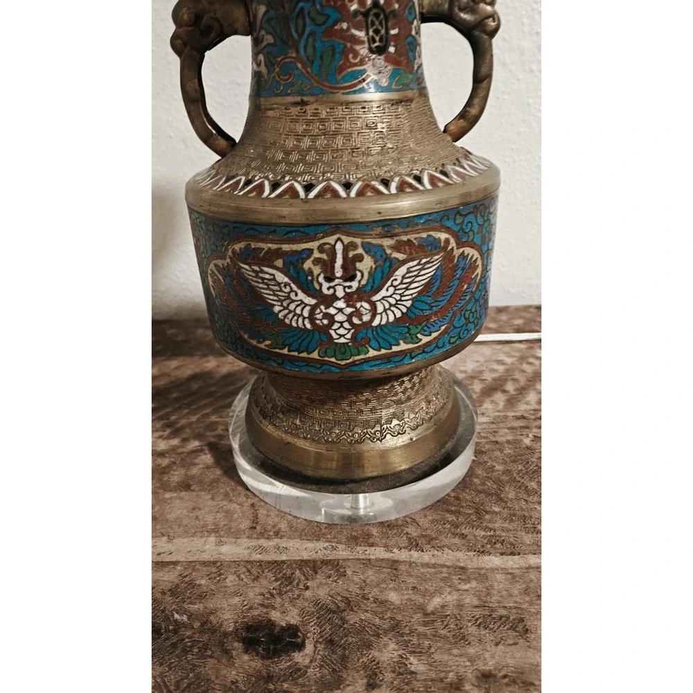 Vintage Japanese Champleve Bronze Enamel Cloisonne Table Lamp Works!